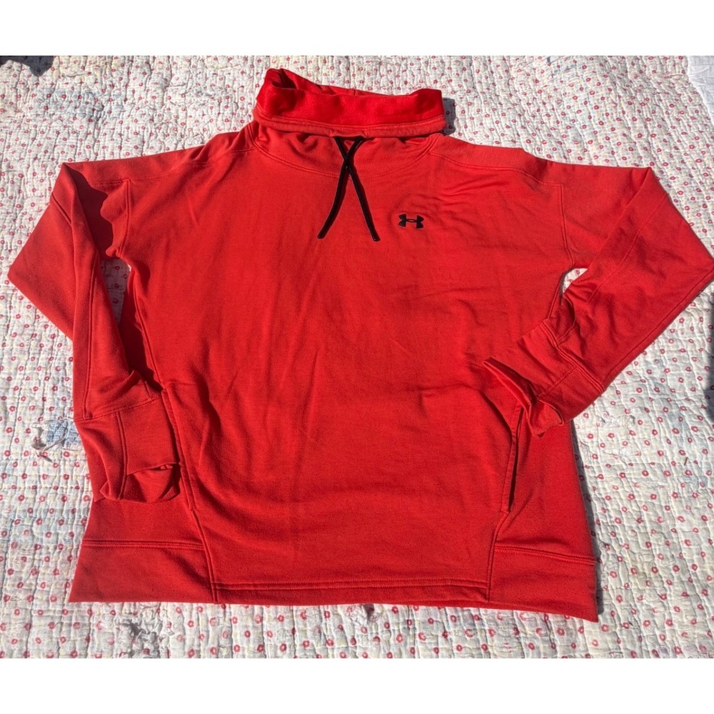 Under Armour Women Red Funnel Neck Hoodie Loose Fit Fleece Pullover LG Thumbhole